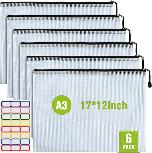 Mesh Zipper Pouch, 6PCS Waterproof Plastic Mesh Zipper Bag, A3 Size Tear-Resistant Document Pouch, Extra Large Zip File Bags, for School Office Supplies Home Travel Storage(17×12 Inch)