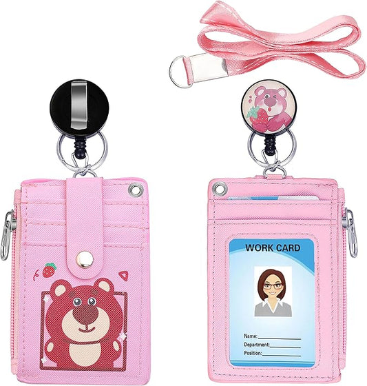 Cute ID Badge Holder Retractable Lanyard Reel Clip with Heavy Duty Carabiner, 5 Card Slots in 2 Sided with Key Ring and Zipper for Students Teens Boys Girls Office Staff Women (Red Bear)