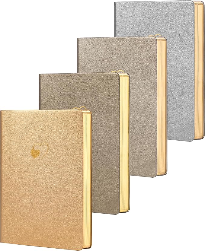CAGIE 4 Pack Lined Journal Notebook for Women and Girls 256 Pages Cute Diary with Heart-Shaped Leather Journals for Writing A5 Soft Cover Notebooks for Work School (Silver, A5)