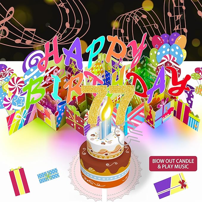Gumry 77TH Musical Birthday PopUp Card, Blowable Colorful Light Candle 3D Cards with Song, Applause Cheers Sound, Greeting Cards Birthday Gifts Decorations for Women Men Turning 77 Years Old