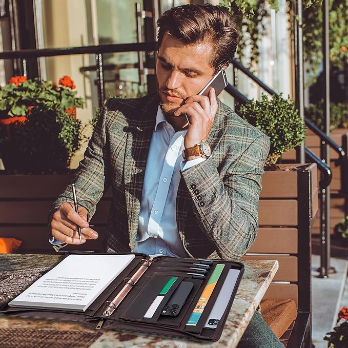 Padfolio Binder- A4 Letter Size 3-Ring Binder, Leather Portfolio Folder Organizer Deep Brown Crazy Horse Leather with Free Name Engraving. Includes Business Card Holder and Letter-Sized Writing Pad.