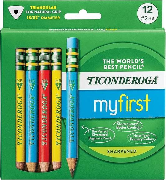 Ticonderoga My First Short Triangular Wood-Cased Pencils, #2 HB Soft, With Erasers, Primary Colors, 12 Count
