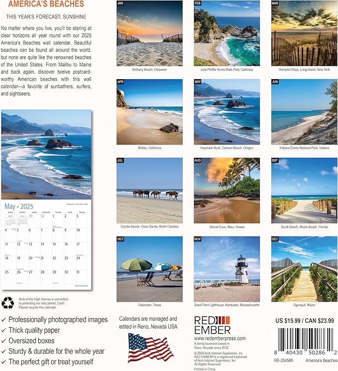 RED EMBER America's Beaches 2025 Wall Calendar 12 Month | 12" x 24" Open | Thick & Sturdy Paper | Giftable | Calendar 2025
