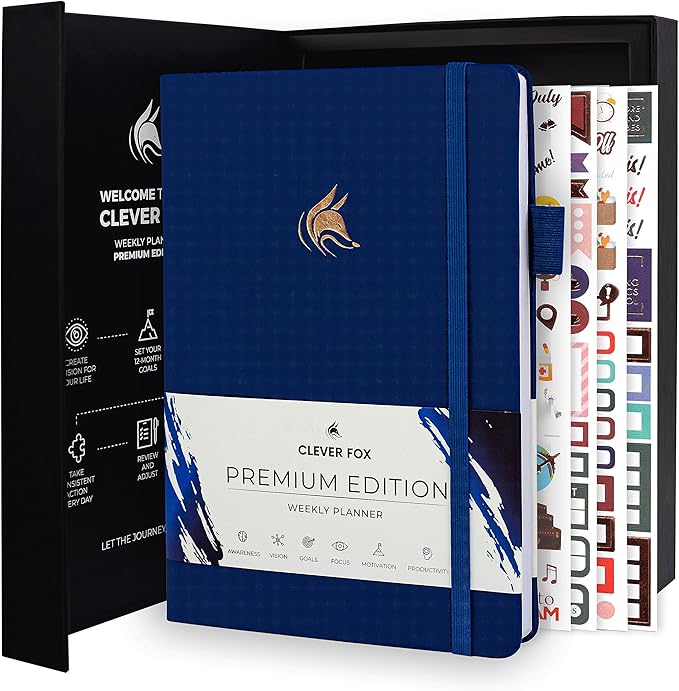 Clever Fox Planner Premium Edition – Undated Luxurious Weekly & Monthly Planner to Increase Productivity and Hit Your Goals – Organizer – Start Anytime, A5, Lasts 1 Year, Navy Blue (Weekly)