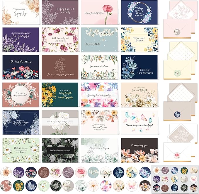 Decorably 24 Pack 6x4in Assorted Sympathy Cards with Envelopes and Stickers, 24 Unique Designs Sympathy Cards Assortment Box with Envelopes with Printed Message Inside