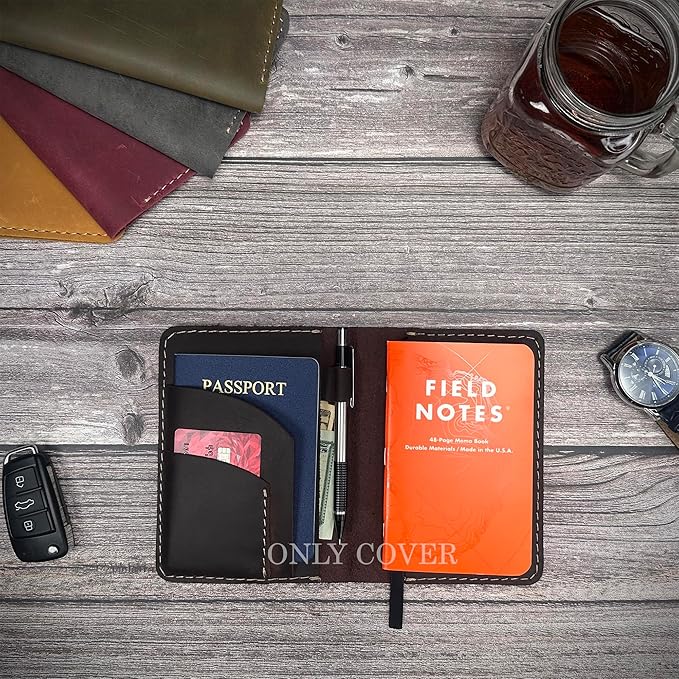 Thot Ra Leather Cover for Field Notes, Passport Cover, Leather Notebook Cover for 3.5" x 5.5" with Pen Holder, Only Cover (Dark Brown)