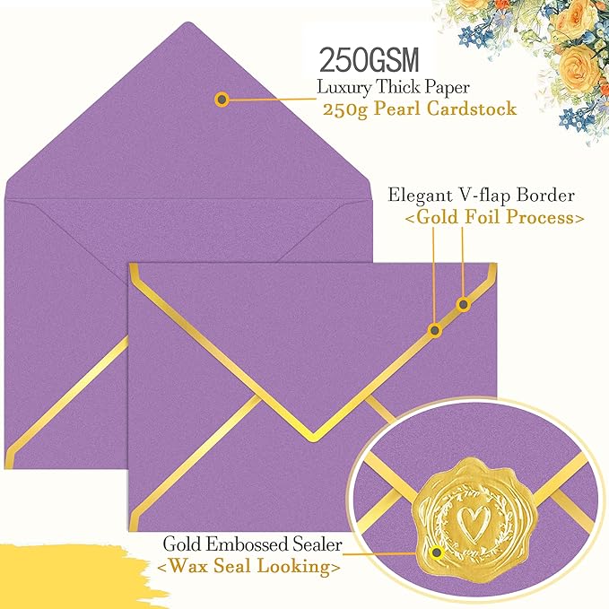 60 Pack Gold Envelopes 5x7 Bulk Purple, 250G Pearled Cardstock A7 Envelopes for Invitations Business Mailing Envelope with Gold Foil Border, A6 4x6 Envelopes for Wedding Baby Shower Cards