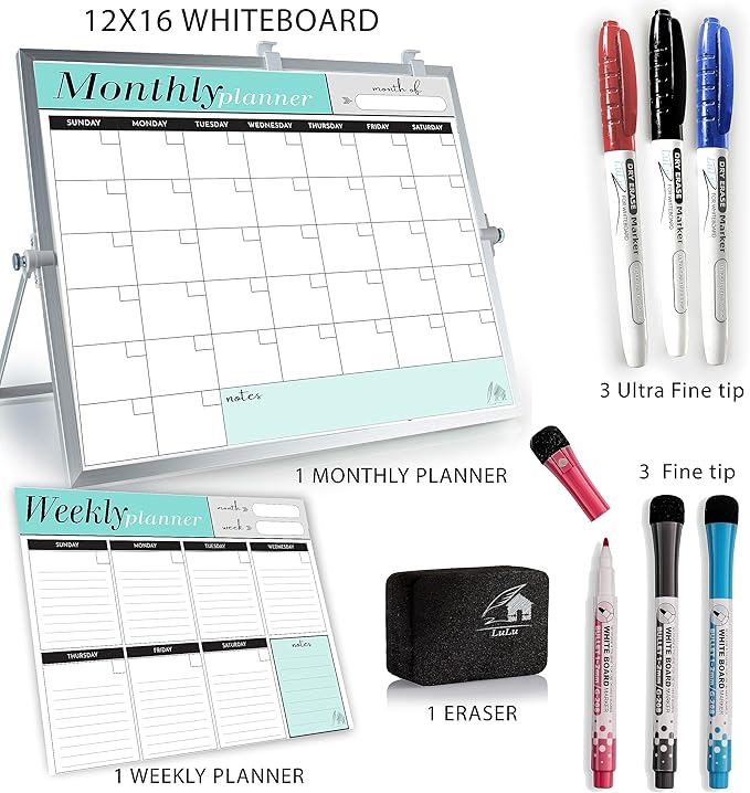 Dry Erase White Board for Desktop & Wall 12"x16" with 2 Magnetic Removable Planners - Weekly & Monthly to Do List Board with Stand, 6 Markers Eraser & Wall Hangers - Portable Double Sided Magnetic