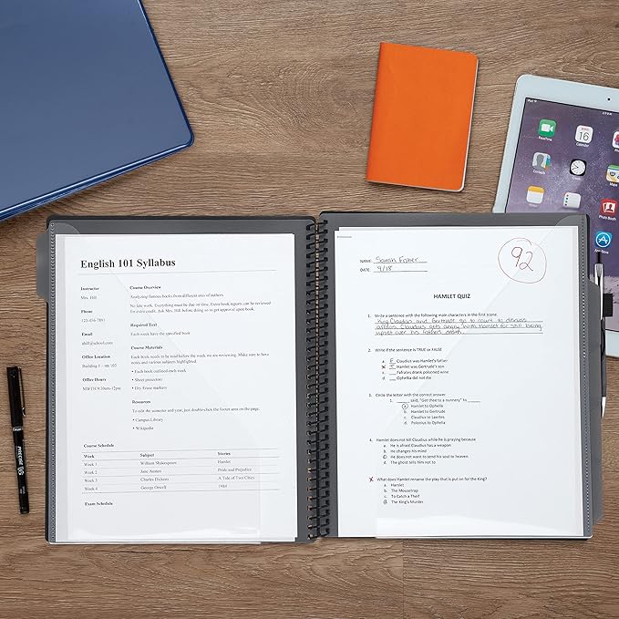 Samsill 10 Pocket Poly Organizer with 5 Dividers, File Folders Letter Size, Refillable Notepad, Customizable Front Cover, Erasable Write-On Tabs, Pen Loop, Plastic Folders with Pockets, Gray