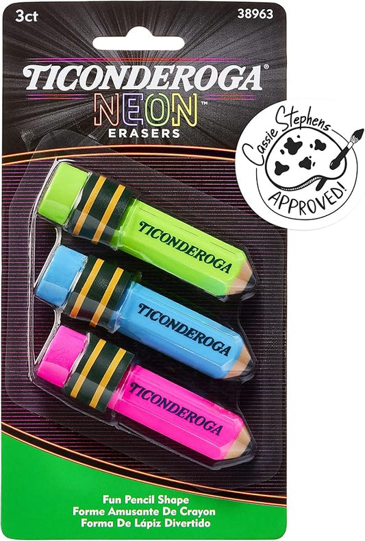 Ticonderoga Pencil Shaped Erasers, Neon Colors, 3 Count