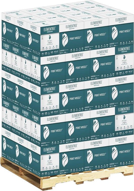 Elementree Printing Paper 8.5 x 11 White, 20 lb, Pallet, 75 Cartons, 375 Reams, 187500 Sheets of Recycled Printer Paper, Made in the USA (00918PAL)