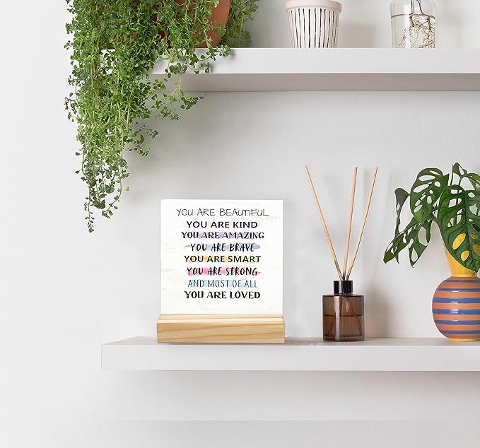 Inspirational Desk Decor, You Are Beautiful Kind Positive Quotes Wooden Plaque Sign for Home Office Bedroom Desk Decor, Motivational Wooden Signs Birthday Thanksgiving Gifts