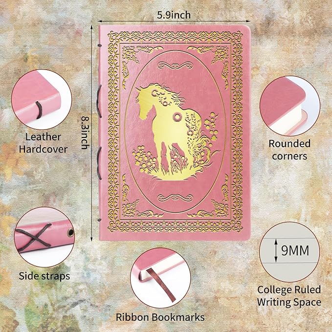 Pink A5 Horse Gifts for Women Girls Faux Leather Vintage Notebook Inspirational Horse Trainer Gift Hardcover Executive Notebook,200 Pages 120 Gsm Thick Ruled Paper With Pen,Horse Lover Gifts Equestrian Gift (Horse Pink)