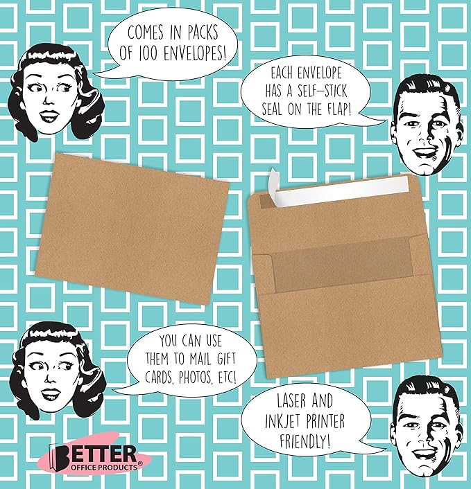 Better Office Products Kraft Invitation Envelopes, 100-Pack, A1 Size (3.625" x 5.12"), Strong 35 lb. Paper, Fits 3.5" x 5" Invitation, RSVP, Photos, Gift Cards (Square Flap with Peel & Stick Closure)