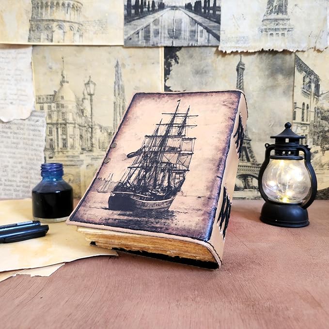 Big Medium Sailing Ship Leather Journal Dairy Notebook Sketchbook | 200 Deckle Papers | C-Shape Lock for Closure (8*6 inch)