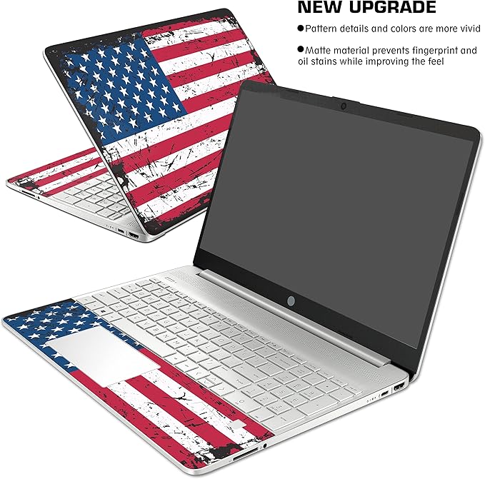 HK Studio Laptop Skin Decal Specific Fit for HP 15.6" with No Cutting Required, No Bubble, Waterproof, Scratch Resistant, American Flag Design - Including Wide Screen and Full Wrist Pad Skin
