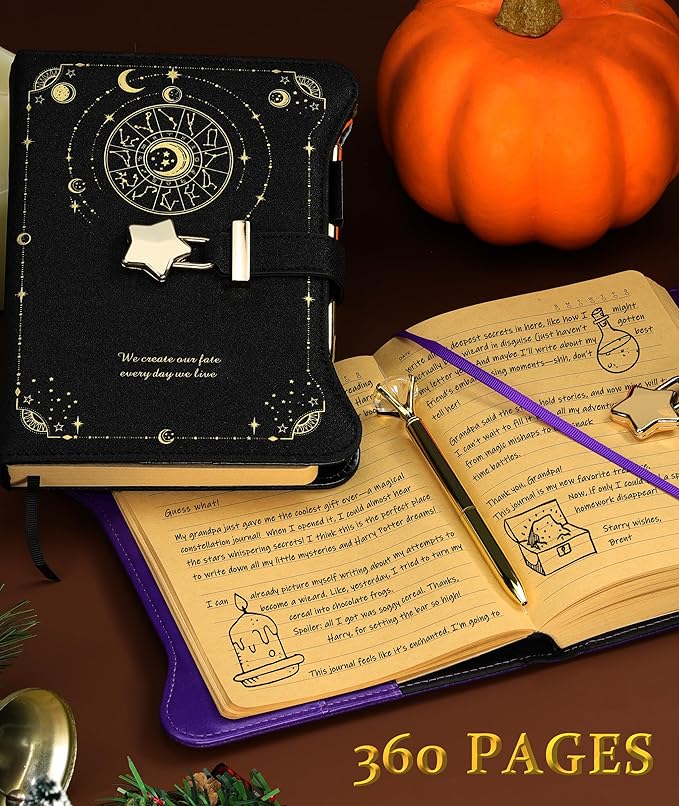 Diary with Lock and Keys for Girls Gift Ideas, 360 Gold Edged Pages Journal for Women, B6 Refillable Notebook for Writing with Pen and Bookmark (Astro White)