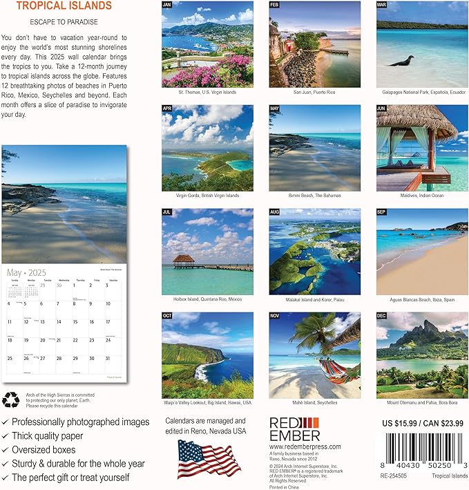 RED EMBER Untamed & Beautiful Tropical Islands 2025 Wall Calendar 12 Month | 12" x 24" Open | Thick & Sturdy Paper | Giftable | Calendar 2025