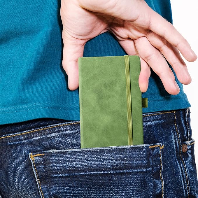 2Pack Pocket Notebook Small Notebook Journal Notebook 4 inches x 5.7 inches 200 Pages Leather Cover With Pen Holder Page Marker Ribbons(Green)