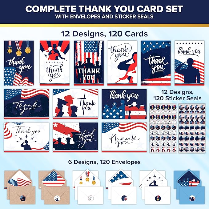 Decorably 120 Pack 6x4in Veterans Day Cards Bulk with Envelopes and Stickers, 12 Designs Military Thank You for Your Service Cards, Patriotic Thank You Cards Blank Inside