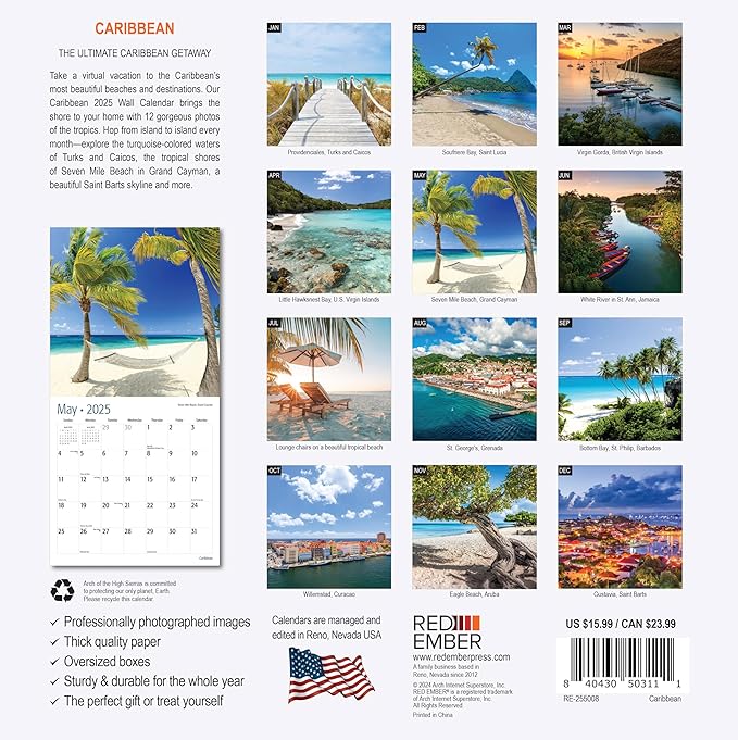 RED EMBER Caribbean 2025 Wall Calendar 12 Month | 12" x 24" Open | Thick & Sturdy Paper | Giftable | Calendar 2025