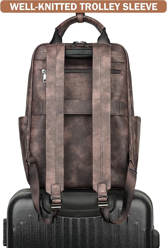 MASINTOR Leather Laptop Backpack for Women, Stylish Computer Backpack College Business Work Shoulder Bags Work and Travel Retro Coffee