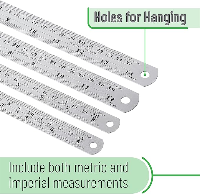 Mr. Pen- Stainless Steel Ruler, 6 pcs, 6", 8", 10", 12", 14", 16", Metric Metal Ruler Set, mm Ruler, Metal Rulers, Long Ruler, Small Metal Ruler Metal Straight Edge, Steel Straight Edge