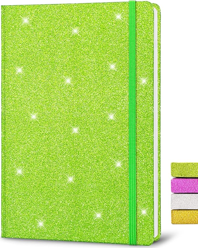 Green Glitter Notebook, 8.3x5.7” 160 Lined Pages Glitter Never Peel Off Sparkle Journal for Girls College Ruled A5 Hardcover Notebooks for Teens Women Writing Note Taking Office Work School Gifts