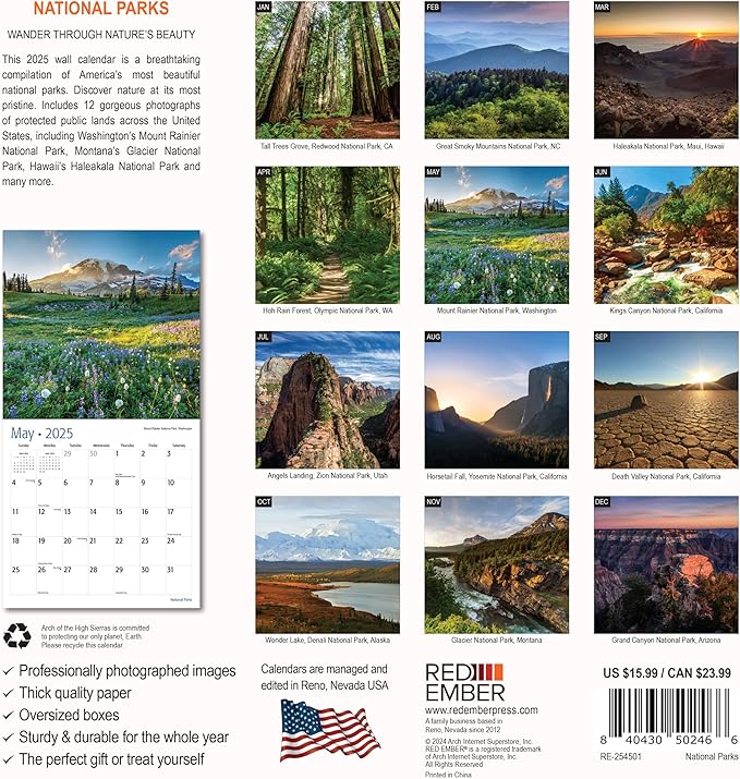 RED EMBER Untamed & Beautiful National Parks 2025 Wall Calendar 12 Month | 12" x 24" Open | Thick & Sturdy Paper | Giftable | Calendar 2025