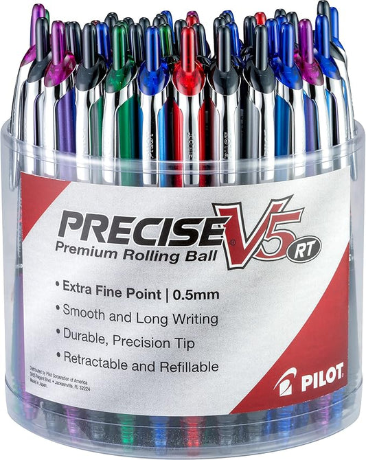 Pilot, Precise V5 RT Refillable & Retractable Liquid Ink Rolling Ball Pens, Extra Fine Point (0.5 mm) Assorted Ink Colors, Tub of 48