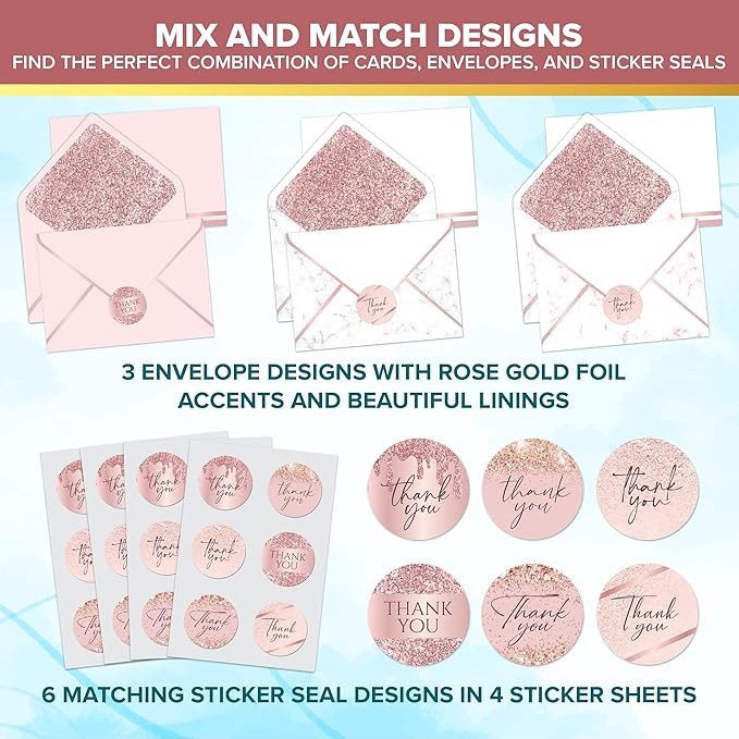 Decorably 24 Pack Glittery 6x4in Rose Gold Thank You Cards with Envelopes and Stickers, 6 Elegant Designs Thank You Cards with Envelopes Pink, Blank Inside - Bridal Shower, Wedding