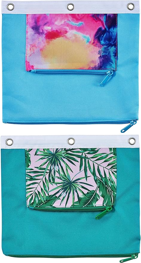 It's Academic Pencil Pouch for 3-Ring Binder, 2-Pockets with Zipper, for School Supplies, Large & Mini Pouch, Palm Tree & Watercolor Design, 2-Pack
