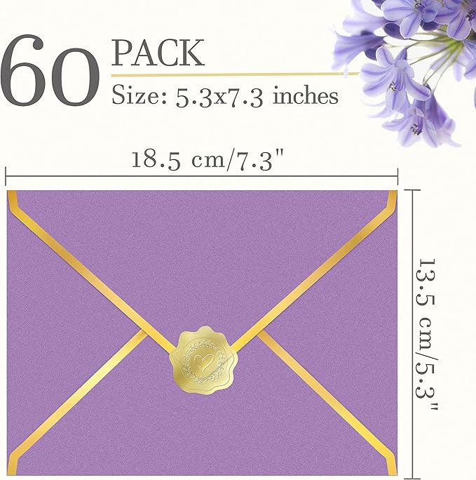 60 Pack Gold Envelopes 5x7 Bulk Purple, 250G Pearled Cardstock A7 Envelopes for Invitations Business Mailing Envelope with Gold Foil Border, A6 4x6 Envelopes for Wedding Baby Shower Cards