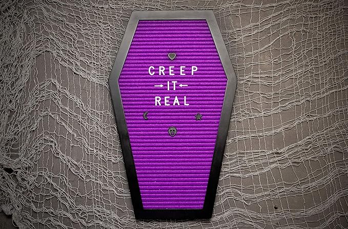 Coffin Letter Board Purple With Spooky Emojis +500 Characters, and Wooden Stand - 17x10.5 Inches - Gothic Halloween Decor Spooky Gifts Decorations
