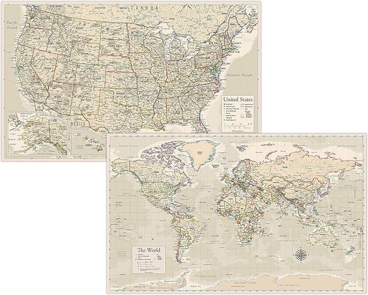 Antique Laminated World Map & US Map Poster Set - 18" x 29" - Wall Chart Maps of the World & United States - Made in the USA - (LAMINATED, 18" x 29")