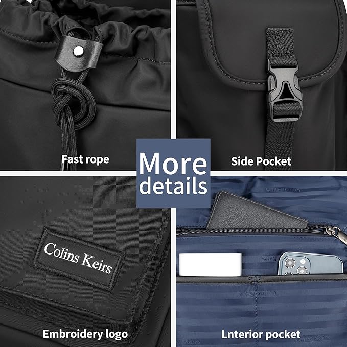 Black backpack men,16 inch laptop backpack for men, drawstring anti-theft waterproof tech backpack with laptop compartment. Large 30 L