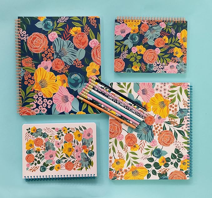 Steel Mill & Co Cute Floral Mini Spiral Notebook, 8.25" x 6.25" Journal with Durable Hardcover and 160 Lined Pages, Garden Blooms (Navy)