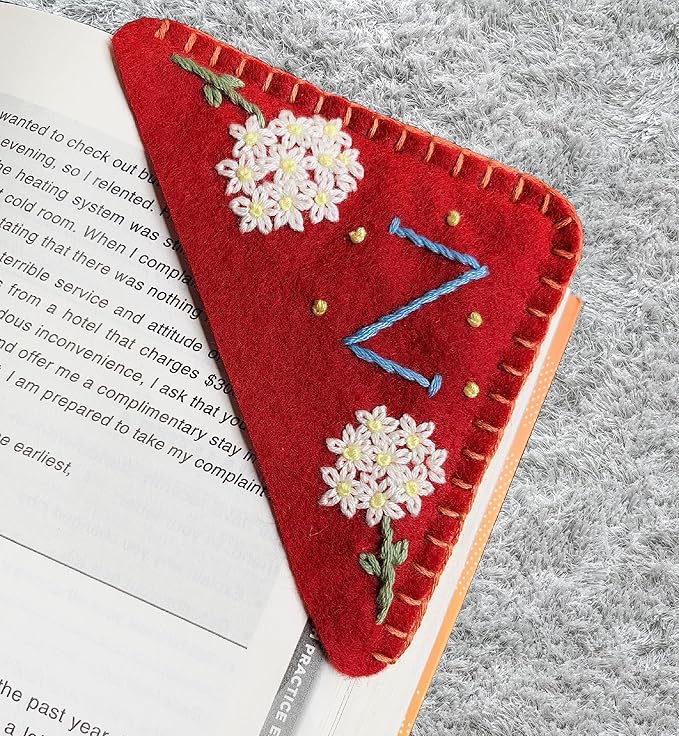 Personalized Hand Embroidered Corner Bookmark, Bookmarks for Women, Personalized Bookmark for Books, Cute Flower Book Mark, Hand Stitch Gift for Women for Book Lovers by HNQCPCVU (Z, RED)