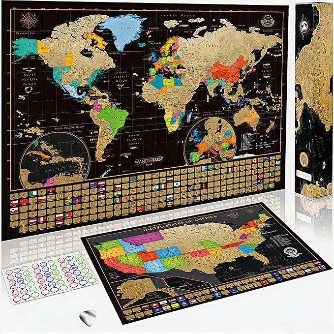 Two Scratch-Off Maps: World Map 17x24" + USA Map - Deluxe Travel Posters - Colorful Countries, US States, and Flags - Easy Scratch-Off Maps with Accessories for Travel Lovers - Name Tag Gift Box