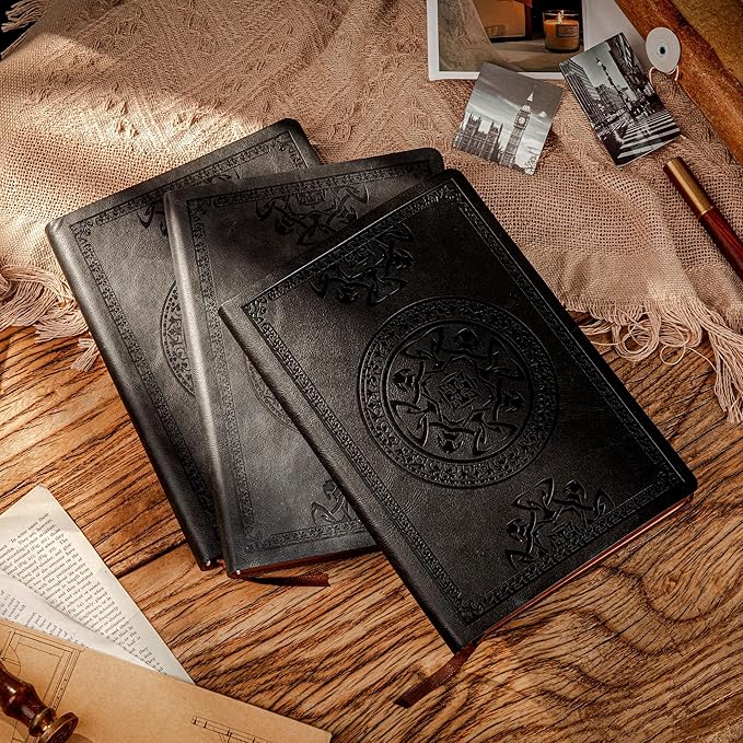 3 Pack Leather Vintage Journal for Men Soft Cover Lined Pages Notebook 180 Lay Flat for Writing Travel Diary, 5.7'' x 8.3'', Black