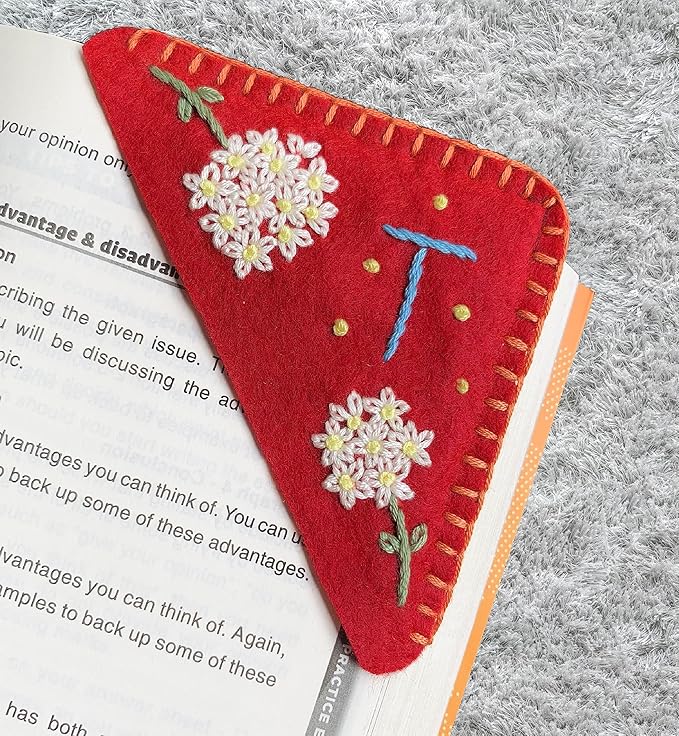 Personalized Hand Embroidered Corner Bookmark, Bookmarks for Women, Personalized Bookmark for Books, Cute Flower Book Mark, Hand Stitch Gift for Women for Book Lovers by HNQCPCVU (T, RED)