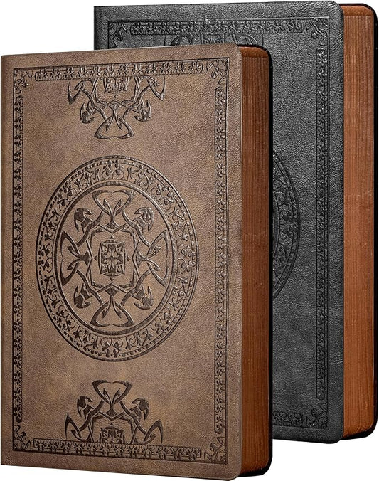 2 Pack Leather Vintage Journal for Men Soft Cover Lined Pages Notebook 180 Lay Flat for Writing Travel Diary, 5.7'' x 8.3'', Black, Dark Brown