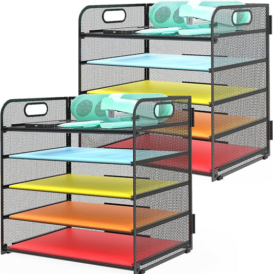 2 Pack Letter Tray Paper Organizer 5-Tier Desk Organizer File Organizer Paper Holder with Handle, Metal Desktop Document Shelf Tray Office Classroom Organization - Black