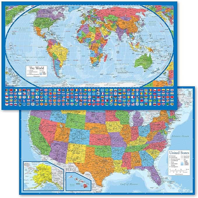 2 Pack - Laminated World Map Poster & USA Map Set - Equal Earth world map design shows continents at true relative size - US Map 18” x 29”
