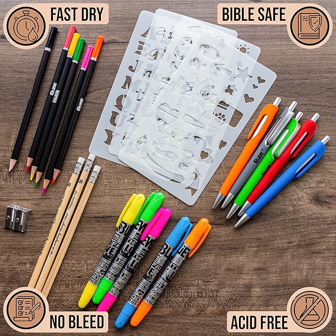BLIEVE - Bible Journaling Kit With Gel Highlighters And Pens No Bleed, Scripture Markers and Pencils Supplies, Stencils Planner Set For Coloring Journal Art Illustrated By Faith Christian Gifts 24pcs