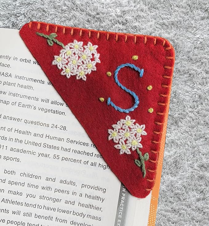 Personalized Hand Embroidered Corner Bookmark, Bookmarks for Women, Personalized Bookmark for Books, Cute Flower Book Mark, Hand Stitch Gift for Women for Book Lovers by HNQCPCVU (S, RED)