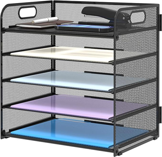 Supeasy 5 Trays Paper Organizer Letter Tray with Handle-Mesh Desk File Organizer, Paper Sorter Desk Organizer for Office, Home or School