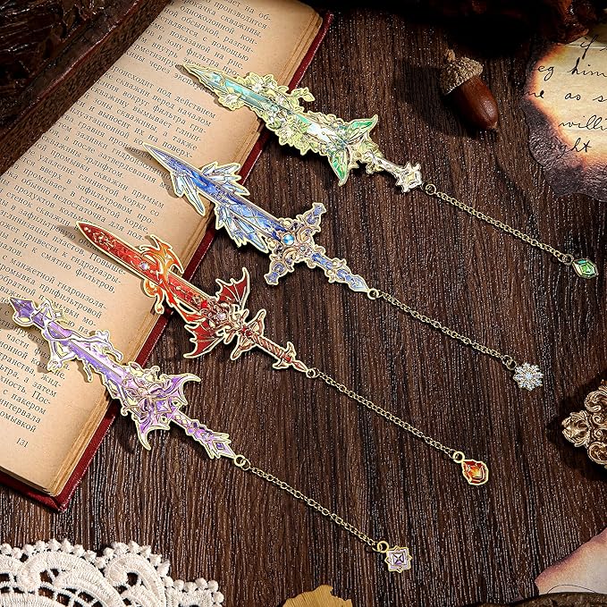 4pcs Fantasy Sword Bookmarks for Books, Journals, Planners - Cool Metal Book Markers for Reading Women & Men, Unique Book Marks Gifts for Book Lovers, Reading Accessories for Students & Adults & Kids