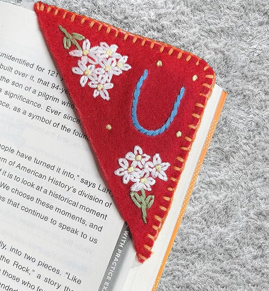 Personalized Hand Embroidered Corner Bookmark, Bookmarks for Women, Personalized Bookmark for Books, Cute Flower Book Mark, Hand Stitch Gift for Women for Book Lovers by HNQCPCVU (U, RED)