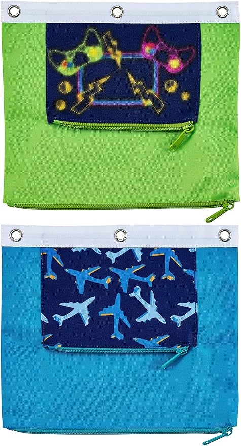 It's Academic Pencil Pouch for 3-Ring Binder, 2-Pockets with Zipper, for School Supplies, Large & Mini Pouch, Navy & Jets Design, 2-Pack